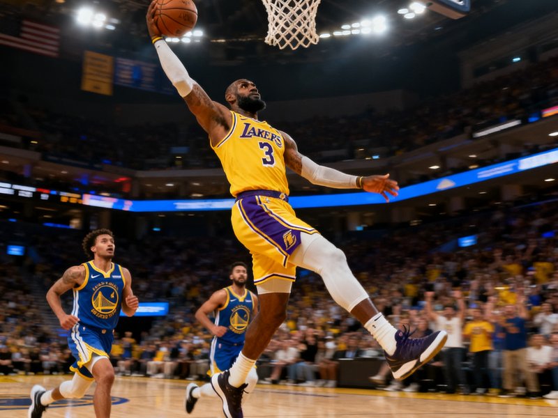 NBA总决赛湖人队与勇士队比赛精彩瞬间，球员扣篮画面被定格