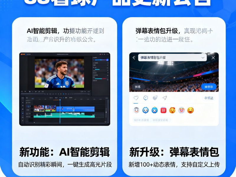88看球产品更新公告界面截图，展示新上线的AI智能剪辑功能和弹幕表情包升级内容